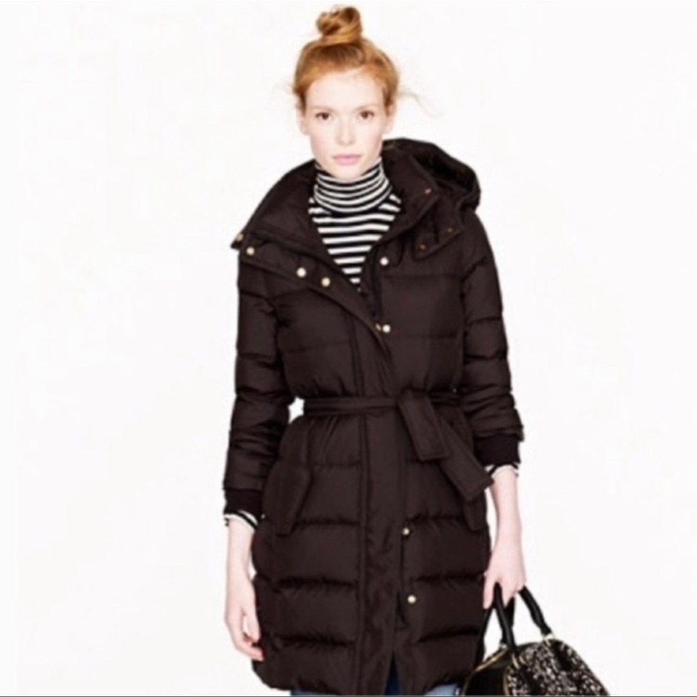 J crew black puffer Belted coat NWT